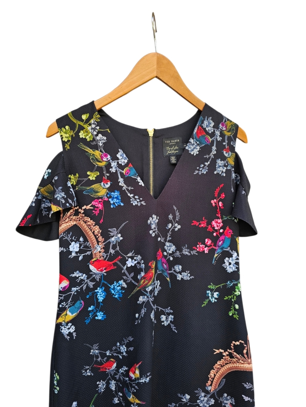 Ted Baker Black Bird & Floral Cold-Shoulder Mini Dress Size 3 (8 US) - Picture 4 of 13